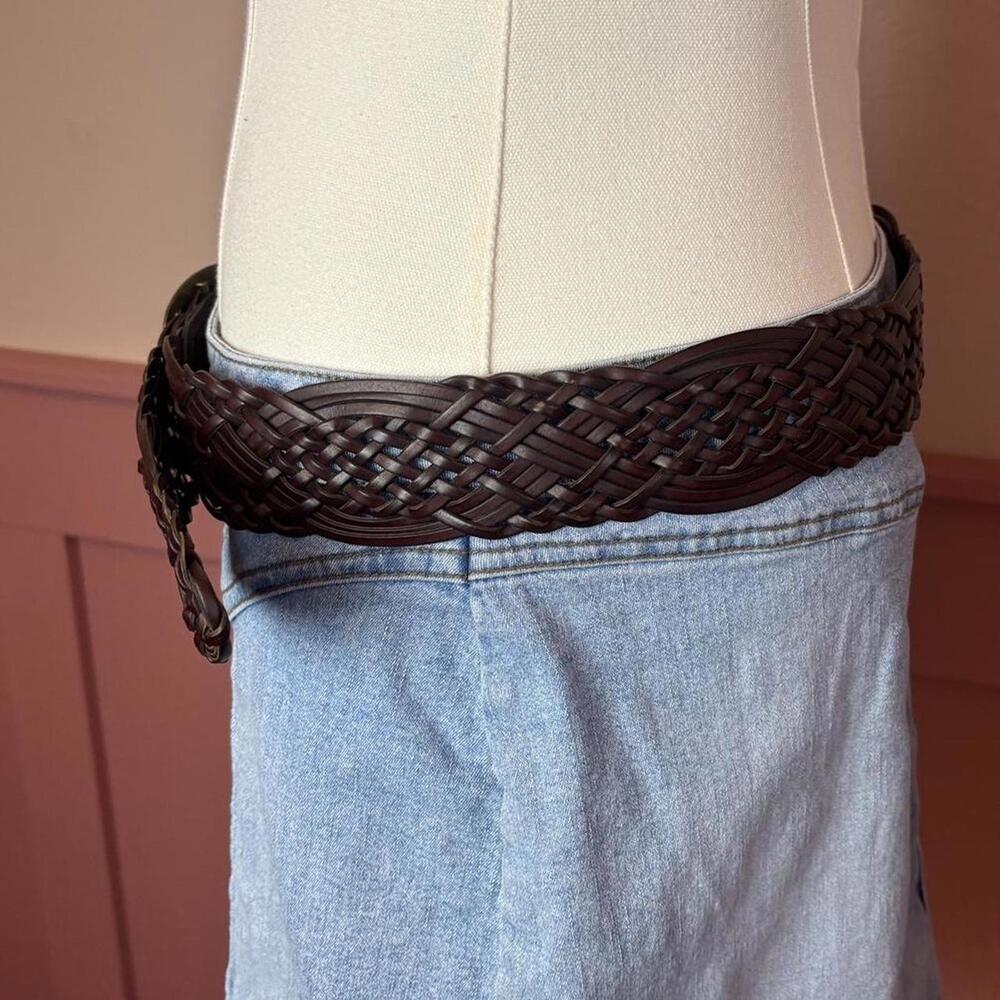brown woven leather belt with bronze buckle boho western indie - Picture 3 of 5
